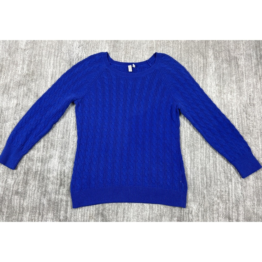 Madison‎ Sweater Womens L Blue Cable Knit Raglan Sleeve Cotton Blend Wool Trim